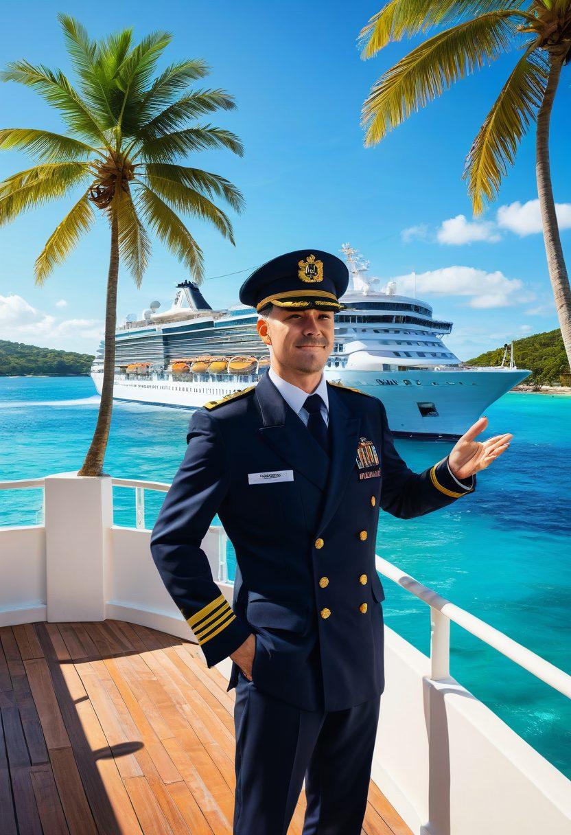 A luxurious cruise ship sailing on clear blue waters under a bright, sunny sky, with happy crew members in crisp uniforms interacting with passengers. In the background, the ship is docked at an exotic island with palm trees and pristine beaches. On the deck, a navigation officer is using sophisticated maritime equipment. Vector art. Vibrant colors.