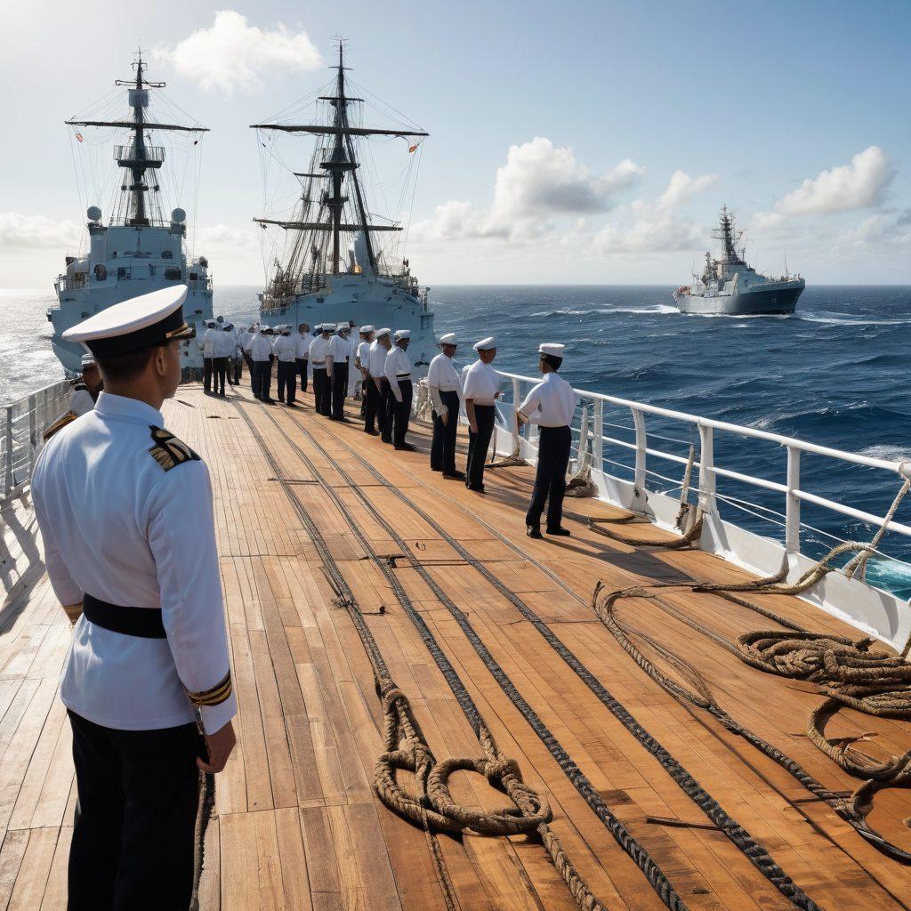A dynamic ship deck with diverse crew members working and an officer overseeing operations; background shows the vast ocean and a lighthouse. Include elements like ship ropes, navigational charts, and a captain's hat for authenticity. super-realistic. vibrant colors. white background.