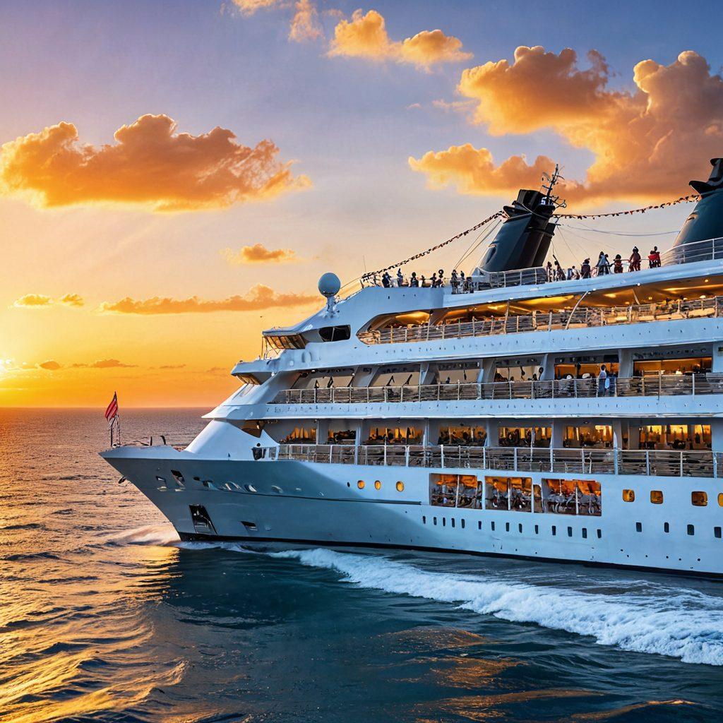 A luxurious cruise ship sails across a dazzling blue ocean under a golden sunset, representing the journey to career success. Cheerful crew members are seen engaging with happy passengers on the deck, with a dynamic array of destinations in the background, including serene beaches, vibrant cities, and majestic mountains. Incorporate nautical elements like anchors and captain's hats subtly in the design. super-realistic. vibrant colors.